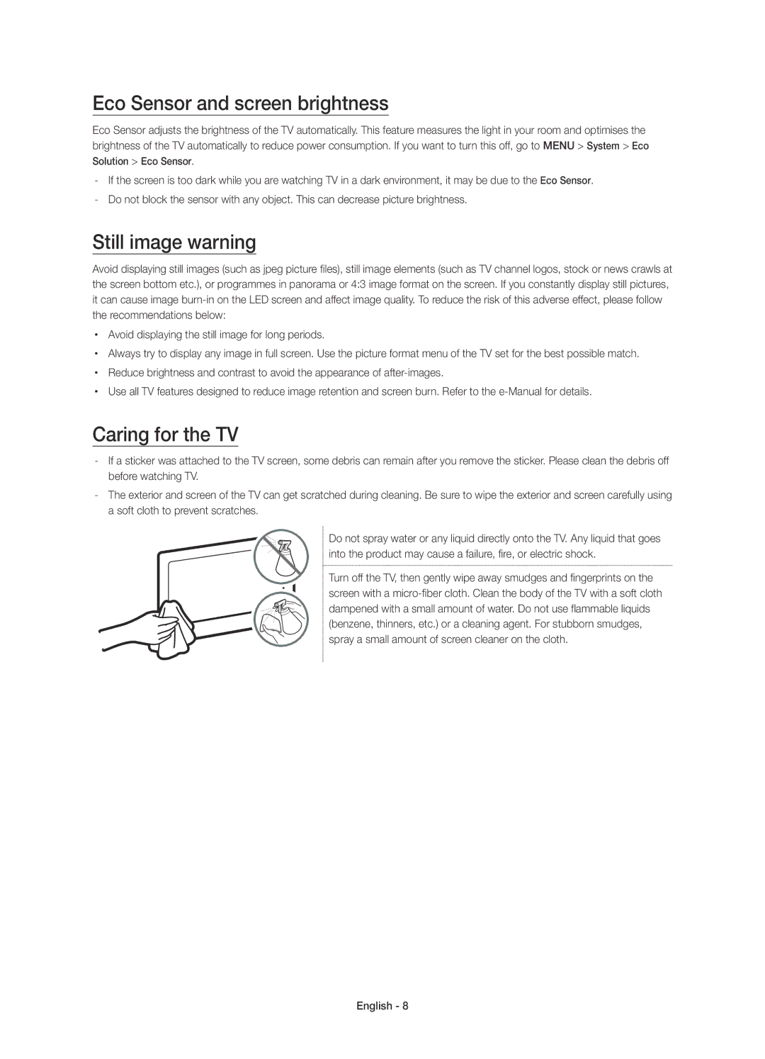 Samsung UE40JU6610UXRU, UE55JU6610UXRU manual Eco Sensor and screen brightness, Still image warning, Caring for the TV 