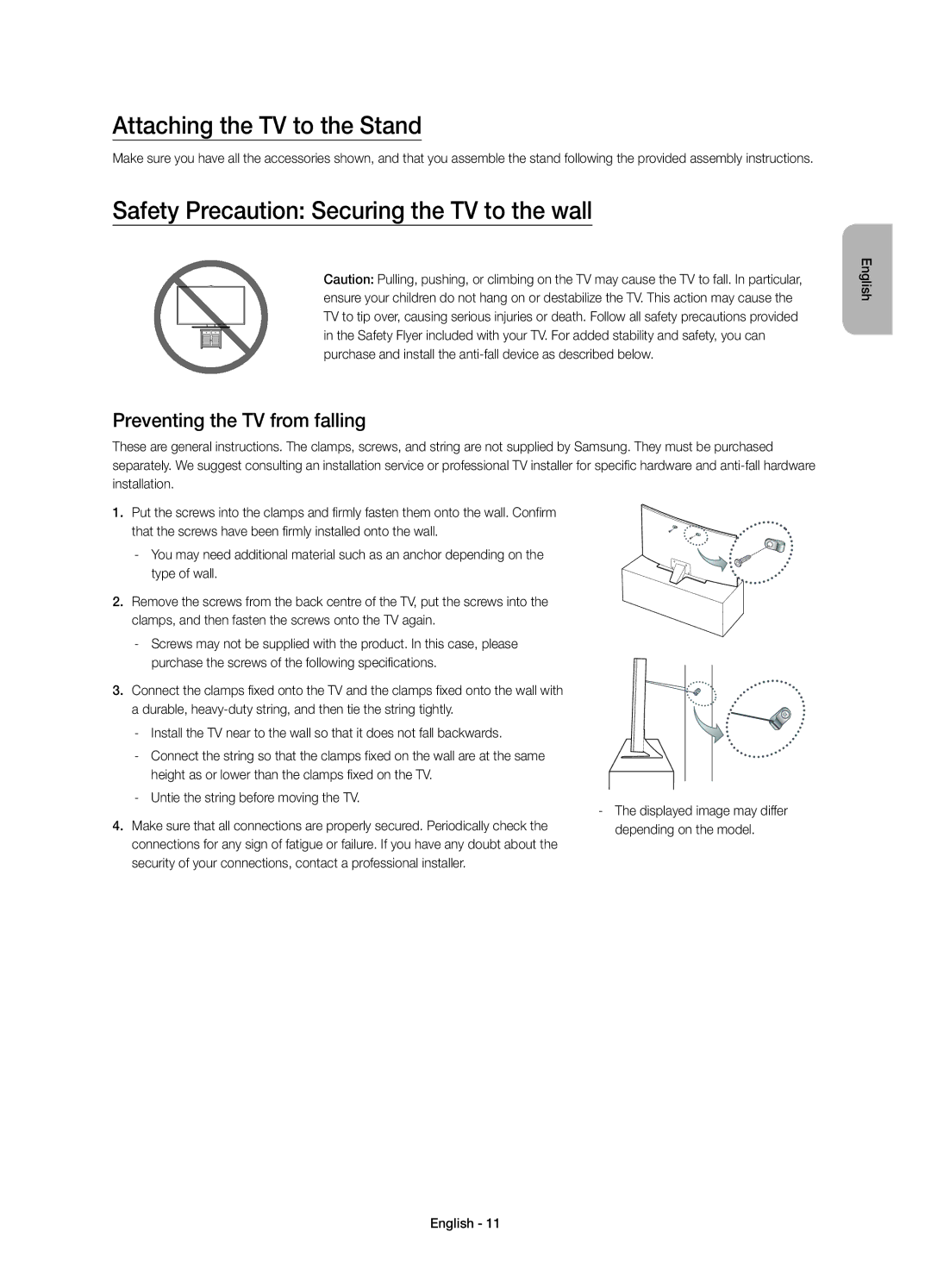 Samsung UE48JU6610UXRU, UE55JU6610UXRU manual Attaching the TV to the Stand, Safety Precaution Securing the TV to the wall 