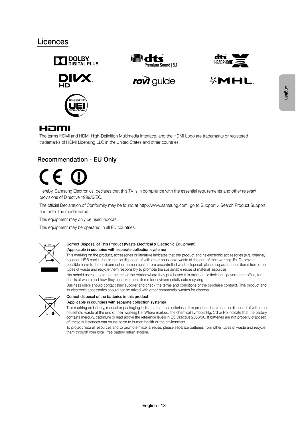 Samsung UE40JU6600UXRU, UE55JU6610UXRU, UE40JU6610UXRU, UE65JU6800UXRU, UE48JU6600UXRU manual Licences, Recommendation EU Only 