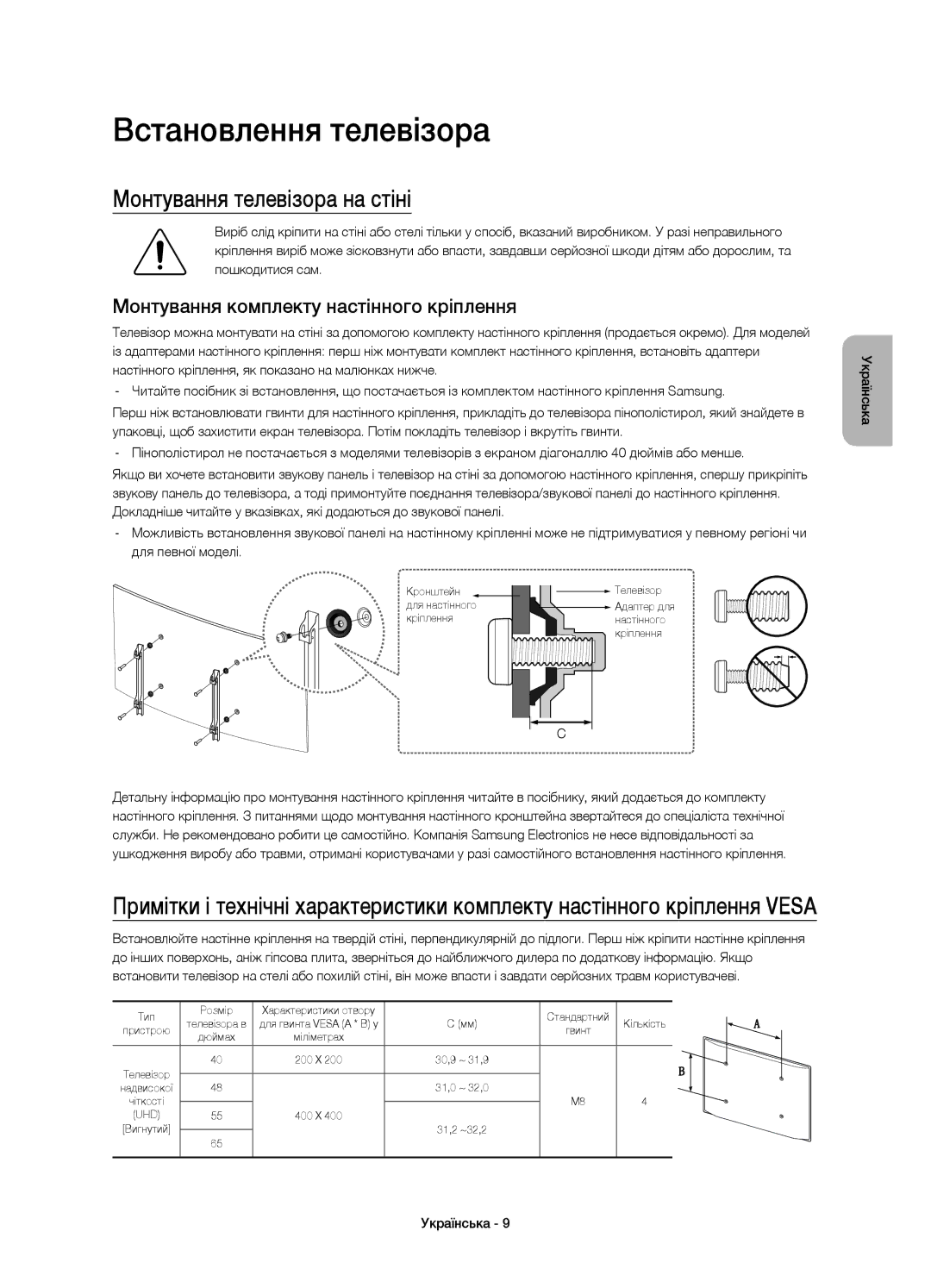 Samsung UE65JU6800UXRU Встановлення телевізора, Монтування телевізора на стіні, Монтування комплекту настінного кріплення 
