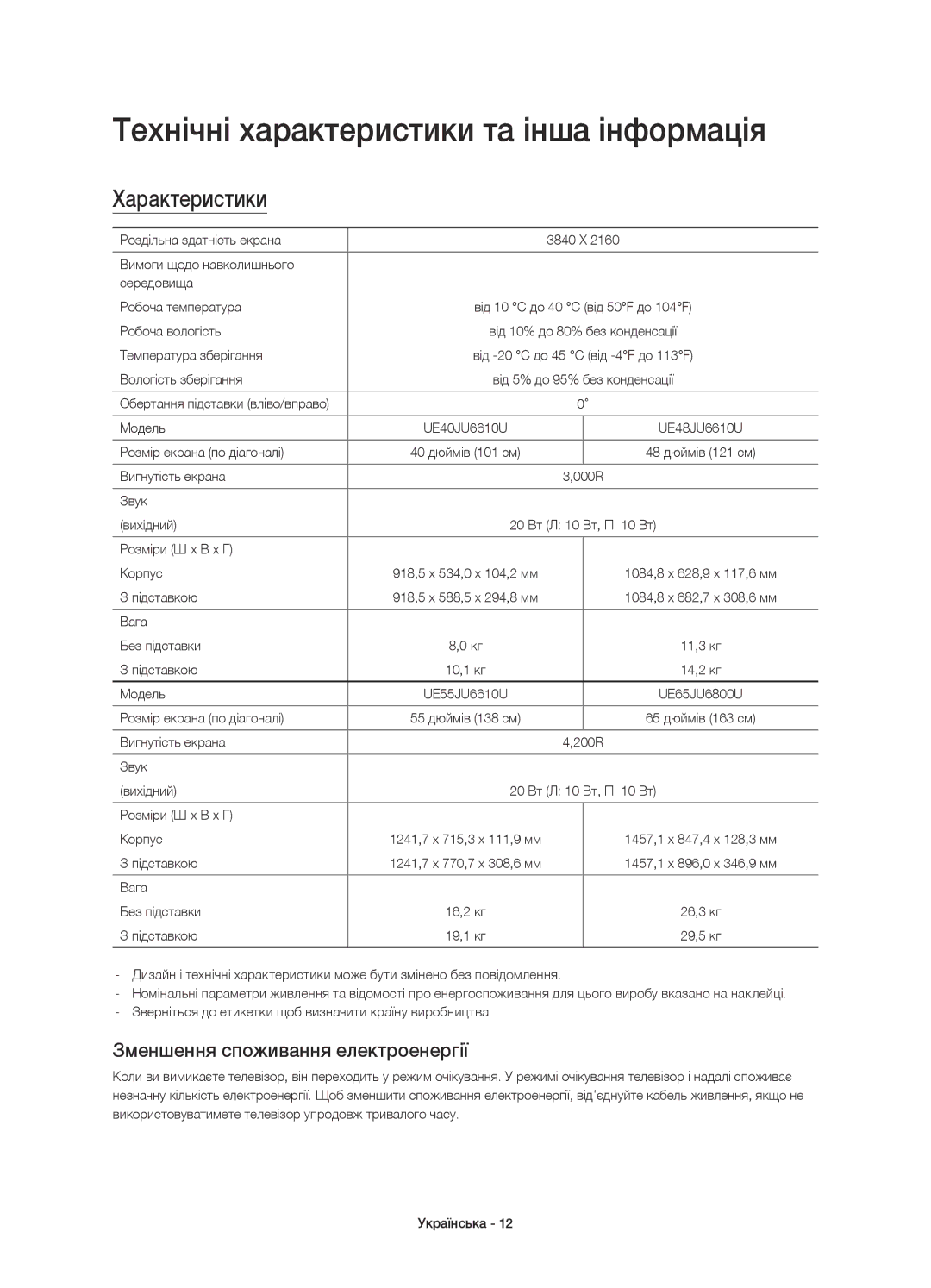 Samsung UE55JU6600UXRU Технічні характеристики та інша інформація, Характеристики, Зменшення споживання електроенергії 