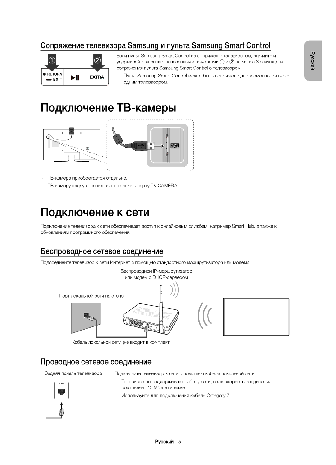 Samsung UE55JU6600UXRU, UE55JU6610UXRU manual Подключение ТВ-камеры, Подключение к сети, Беспроводное сетевое соединение 