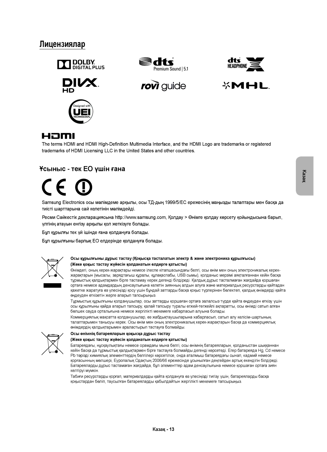 Samsung UE40JU6600UXRU, UE55JU6610UXRU, UE40JU6610UXRU, UE65JU6800UXRU, UE48JU6600UXRU Лицензиялар, Ұсыныс тек ЕО үшін ғана 