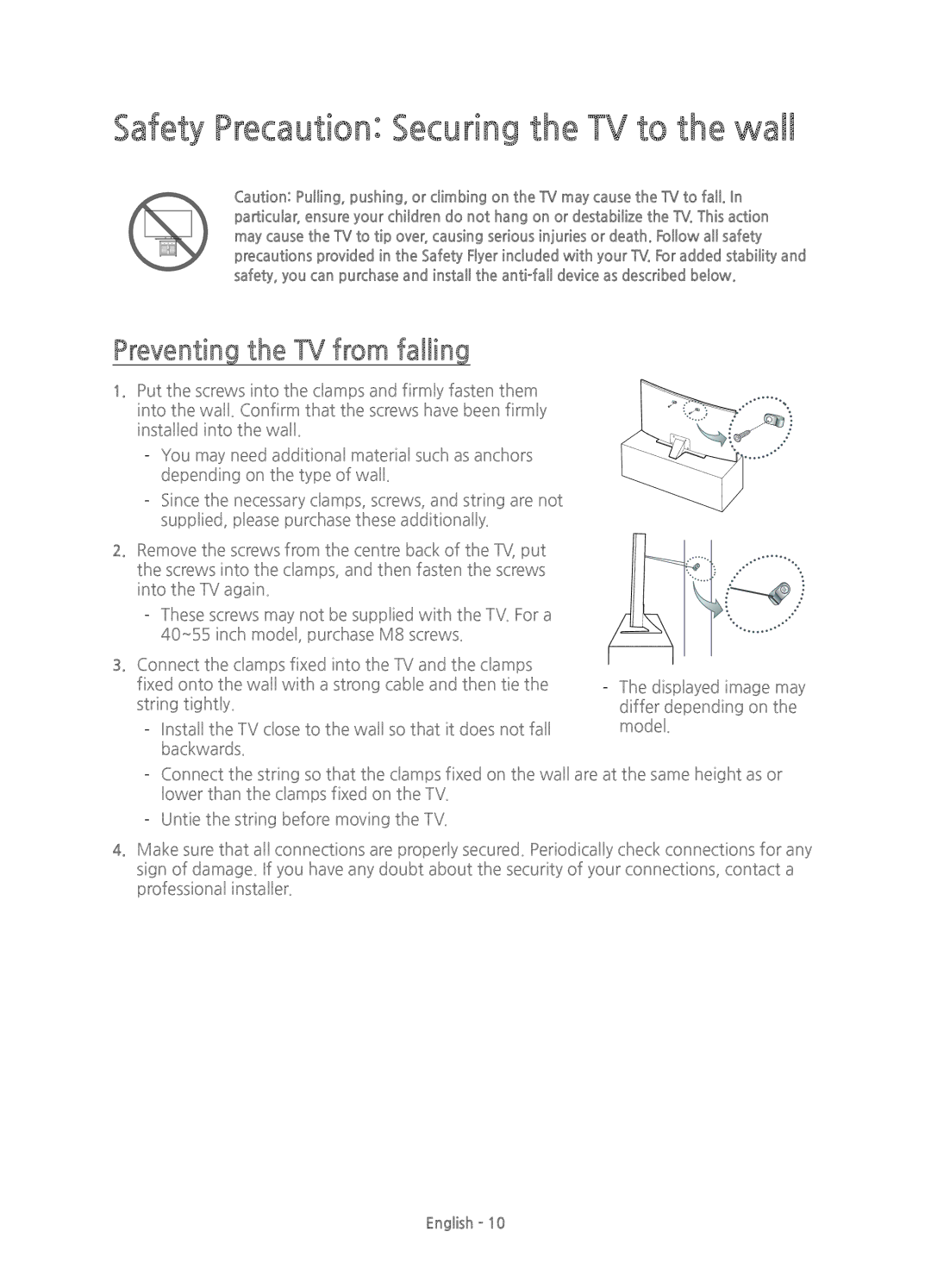 Samsung UE55JU6670UXXU, UE55JU6740UXZG manual Safety Precaution Securing the TV to the wall, Preventing the TV from falling 