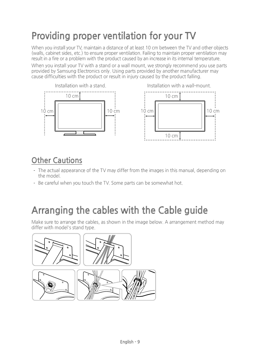 Samsung UE48JU6740UXXC Providing proper ventilation for your TV, Arranging the cables with the Cable guide, Other Cautions 