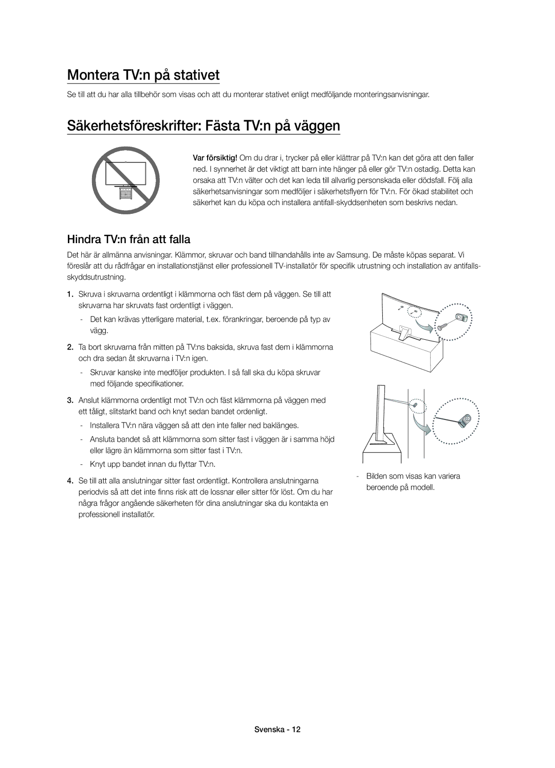 Samsung UE48JU6655UXXE manual Montera TVn på stativet, Säkerhetsföreskrifter Fästa TVn på väggen, Hindra TVn från att falla 