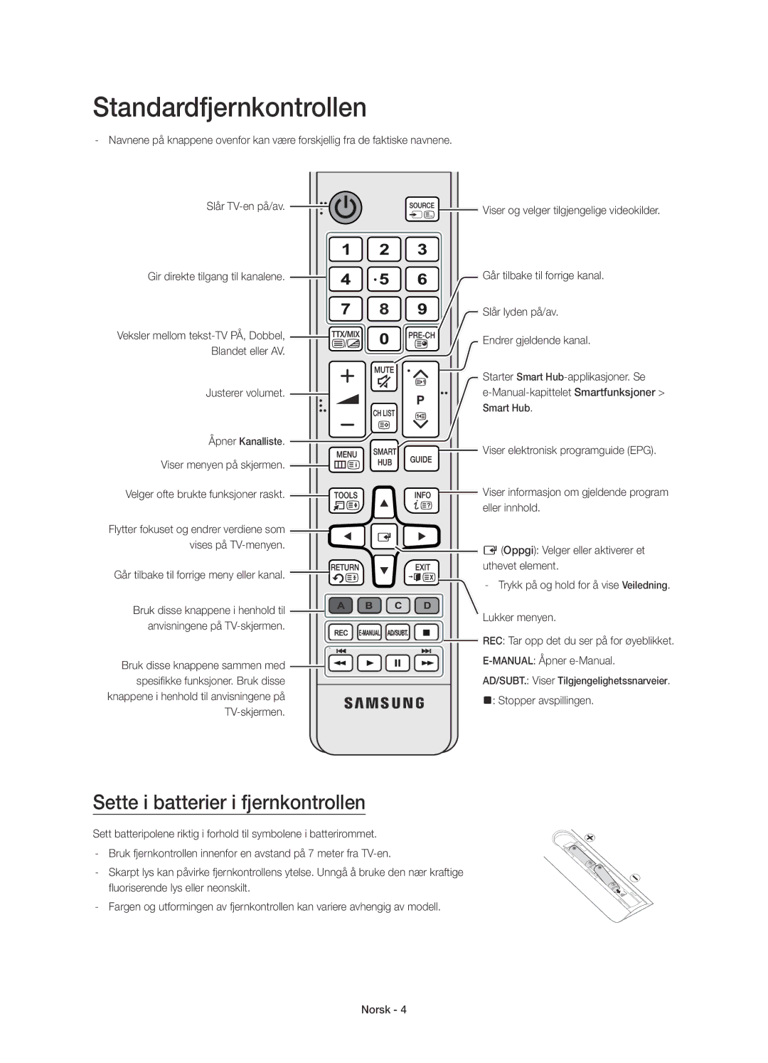 Samsung UE48JU6655UXXE, UE55JU6745UXXE, UE55JU6675UXXE manual Standardfjernkontrollen, Sette i batterier i fjernkontrollen 