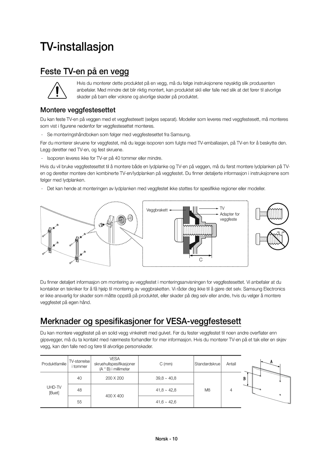 Samsung UE55JU6655UXXE manual TV-installasjon, Feste TV-en på en vegg, Merknader og spesifikasjoner for VESA-veggfestesett 