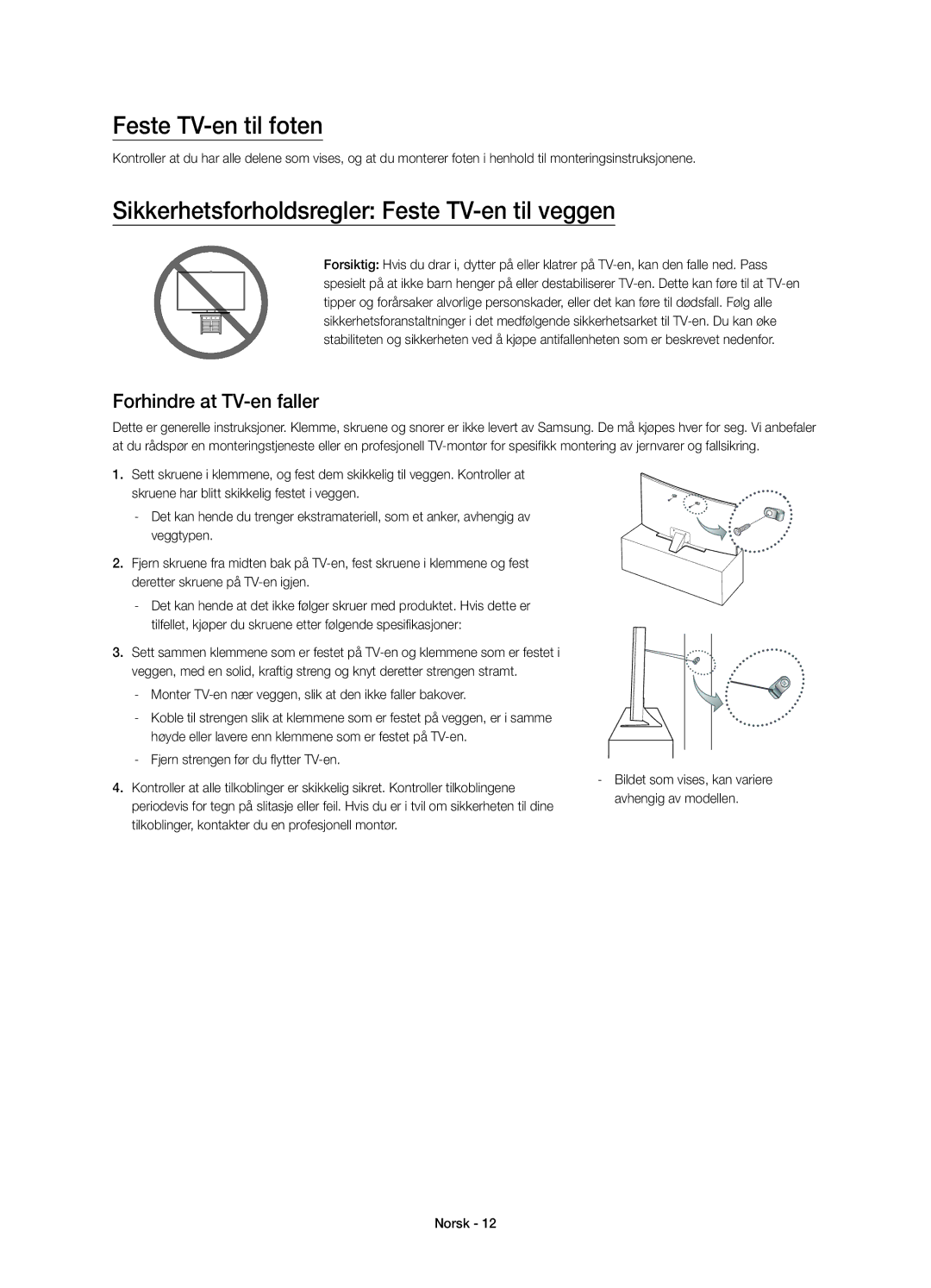 Samsung UE48JU6745UXXE Feste TV-en til foten, Sikkerhetsforholdsregler Feste TV-en til veggen, Forhindre at TV-en faller 