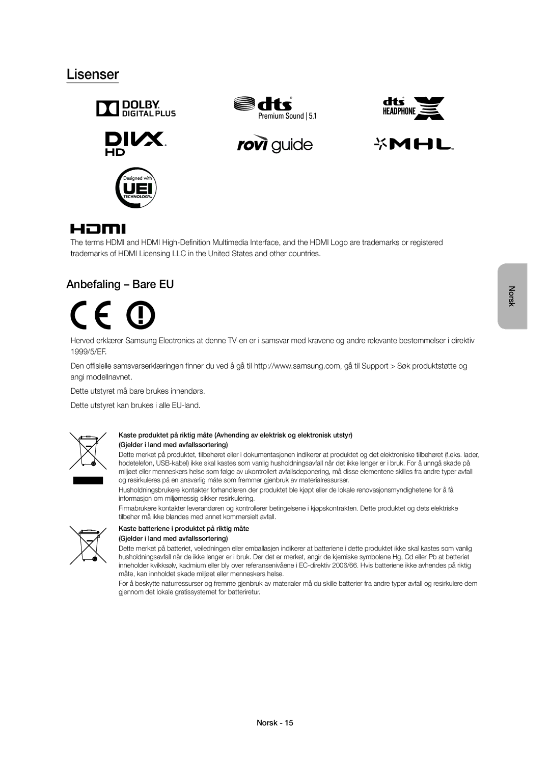 Samsung UE40JU6655UXXE, UE55JU6745UXXE, UE55JU6675UXXE, UE55JU6655UXXE, UE40JU6675UXXE manual Lisenser, Anbefaling Bare EU 