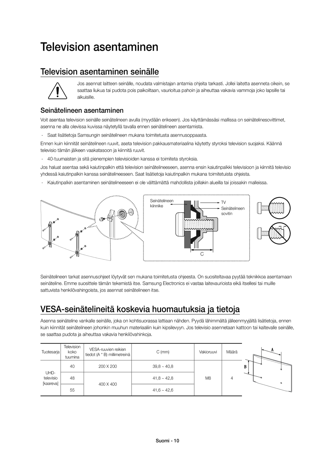 Samsung UE48JU6655UXXE manual Television asentaminen seinälle, VESA-seinätelineitä koskevia huomautuksia ja tietoja 