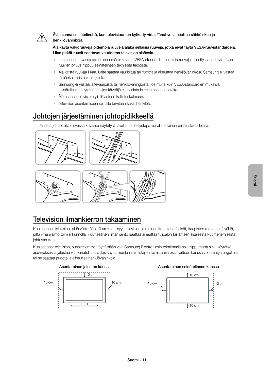 Samsung UE40JU6655UXXE, UE55JU6745UXXE manual Johtojen järjestäminen johtopidikkeellä, Television ilmankierron takaaminen 