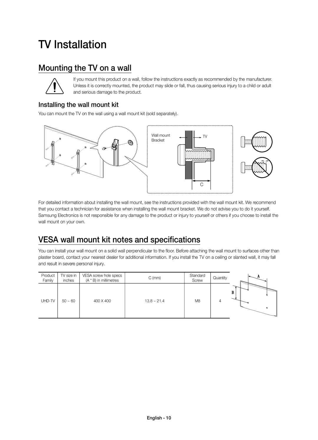 Samsung UE55JU6800KXZF manual TV Installation, Mounting the TV on a wall, Vesa wall mount kit notes and specifications 