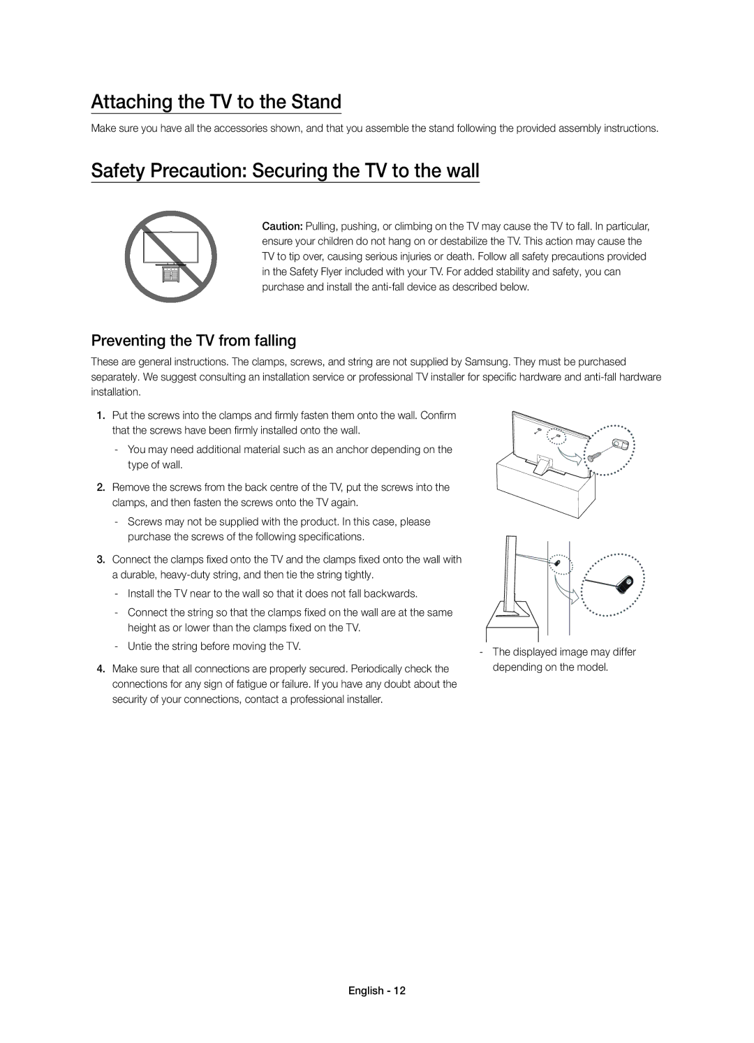 Samsung UE55JU6800KXZF, UE50JU6800KXZF manual Attaching the TV to the Stand, Safety Precaution Securing the TV to the wall 