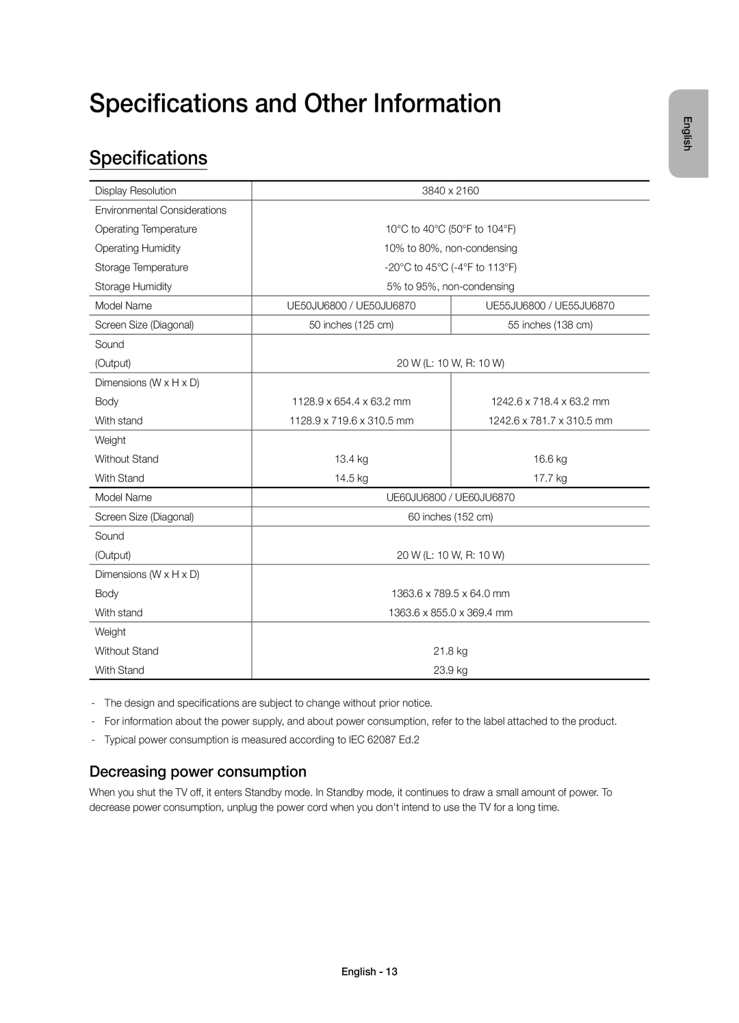 Samsung UE50JU6800KXZF, UE55JU6800KXZF manual Specifications and Other Information, Decreasing power consumption 