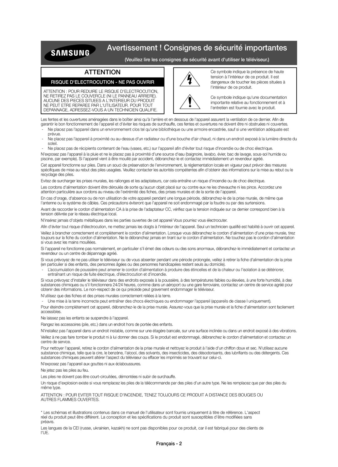 Samsung UE55JU6800KXZF, UE50JU6800KXZF manual Avertissement ! Consignes de sécurité importantes, Français 