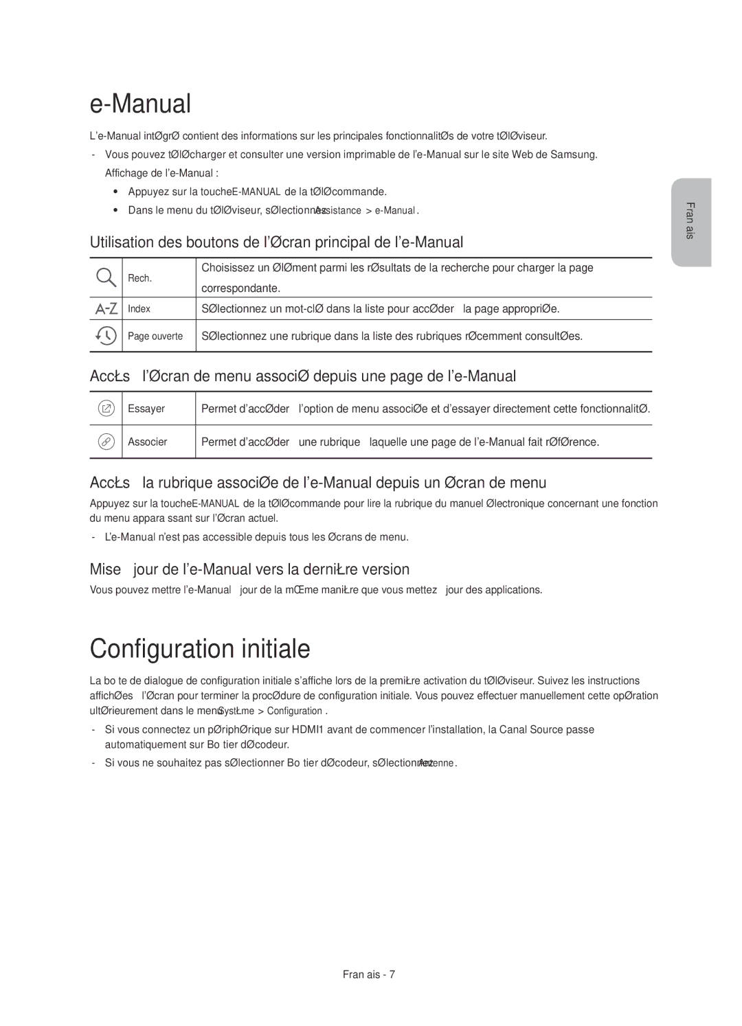 Samsung UE50JU6800KXZF manual Configuration initiale, Utilisation des boutons de lécran principal de le-Manual 