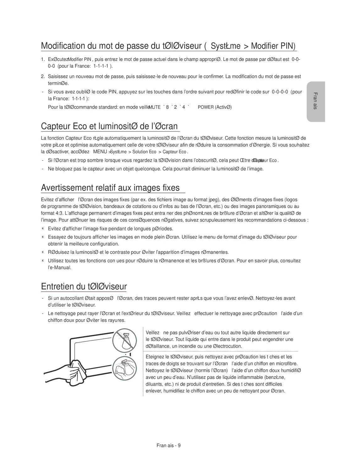 Samsung UE50JU6800KXZF, UE55JU6800KXZF manual Capteur Eco et luminosité de lécran, Avertissement relatif aux images fixes 