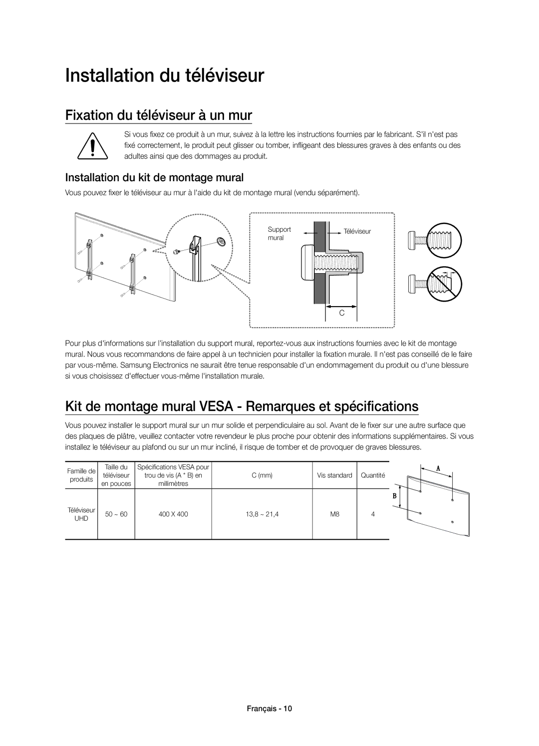 Samsung UE55JU6800KXZF Installation du téléviseur, Fixation du téléviseur à un mur, Installation du kit de montage mural 