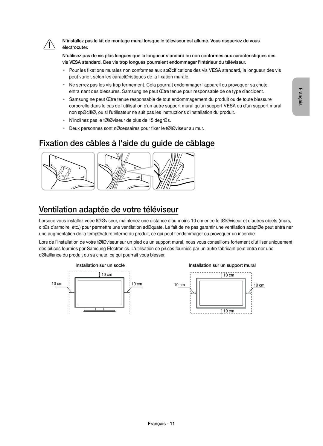 Samsung UE50JU6800KXZF, UE55JU6800KXZF manual Ninclinez pas le téléviseur de plus de 15 degrés 