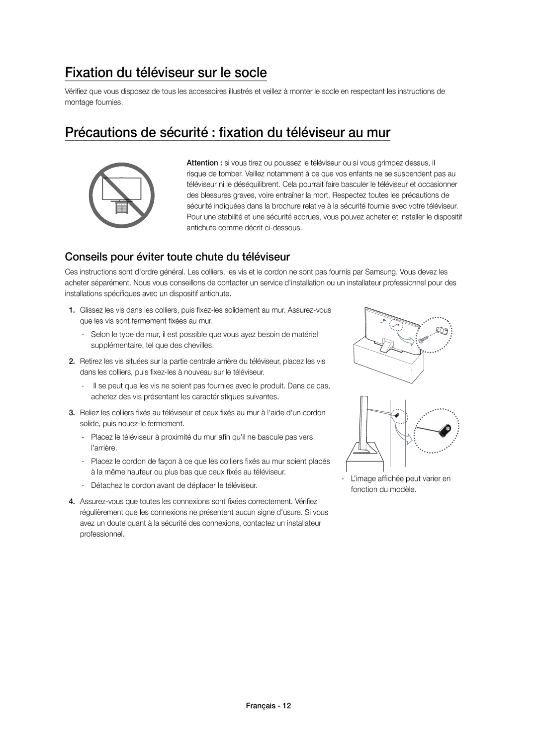 Samsung UE55JU6800KXZF manual Fixation du téléviseur sur le socle, Précautions de sécurité fixation du téléviseur au mur 