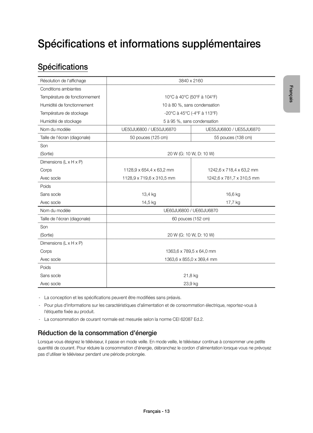 Samsung UE50JU6800KXZF manual Spécifications et informations supplémentaires, Réduction de la consommation dénergie 