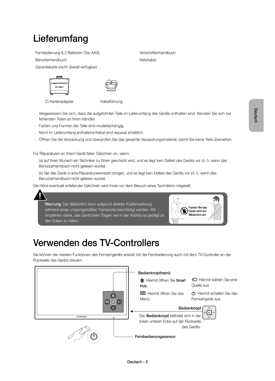 Samsung UE50JU6800KXZF manual Lieferumfang, Verwenden des TV-Controllers, Fernbedienung & 2 Batterien Typ AAA, Quelle aus 