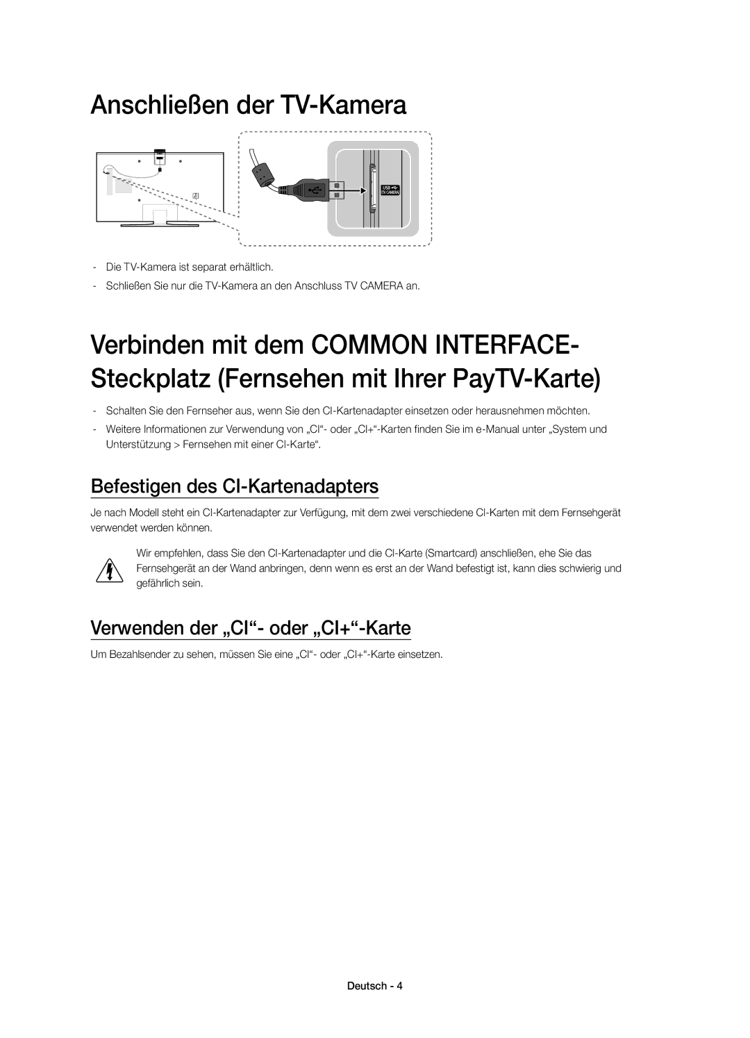 Samsung UE55JU6800KXZF Anschließen der TV-Kamera, Befestigen des CI-Kartenadapters, Verwenden der „CI- oder „CI+-Karte 