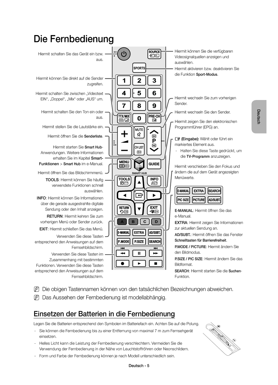 Samsung UE50JU6800KXZF, UE55JU6800KXZF manual Die Fernbedienung, Einsetzen der Batterien in die Fernbedienung 