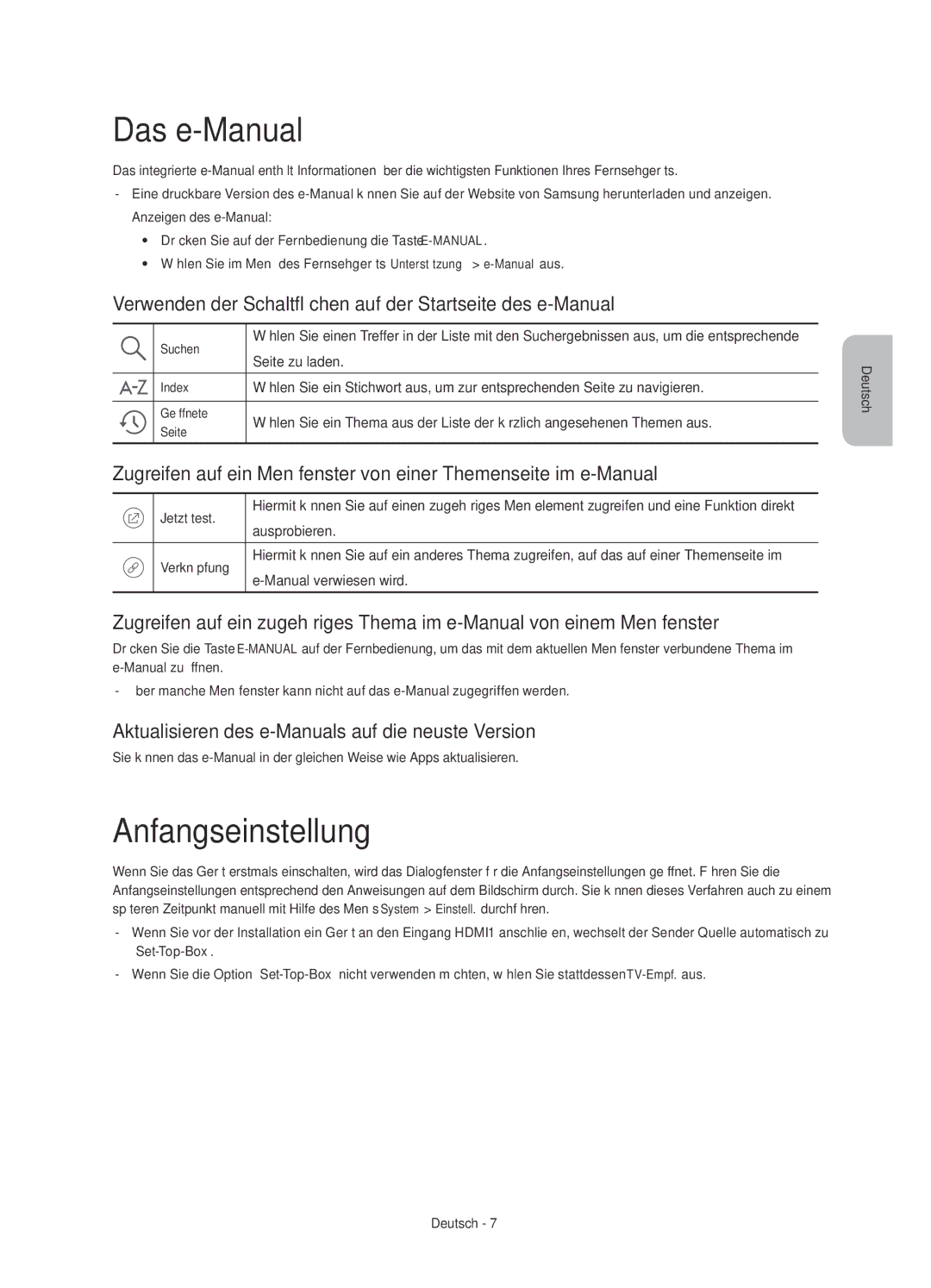 Samsung UE50JU6800KXZF manual Das e-Manual, Anfangseinstellung, Verwenden der Schaltflächen auf der Startseite des e-Manual 