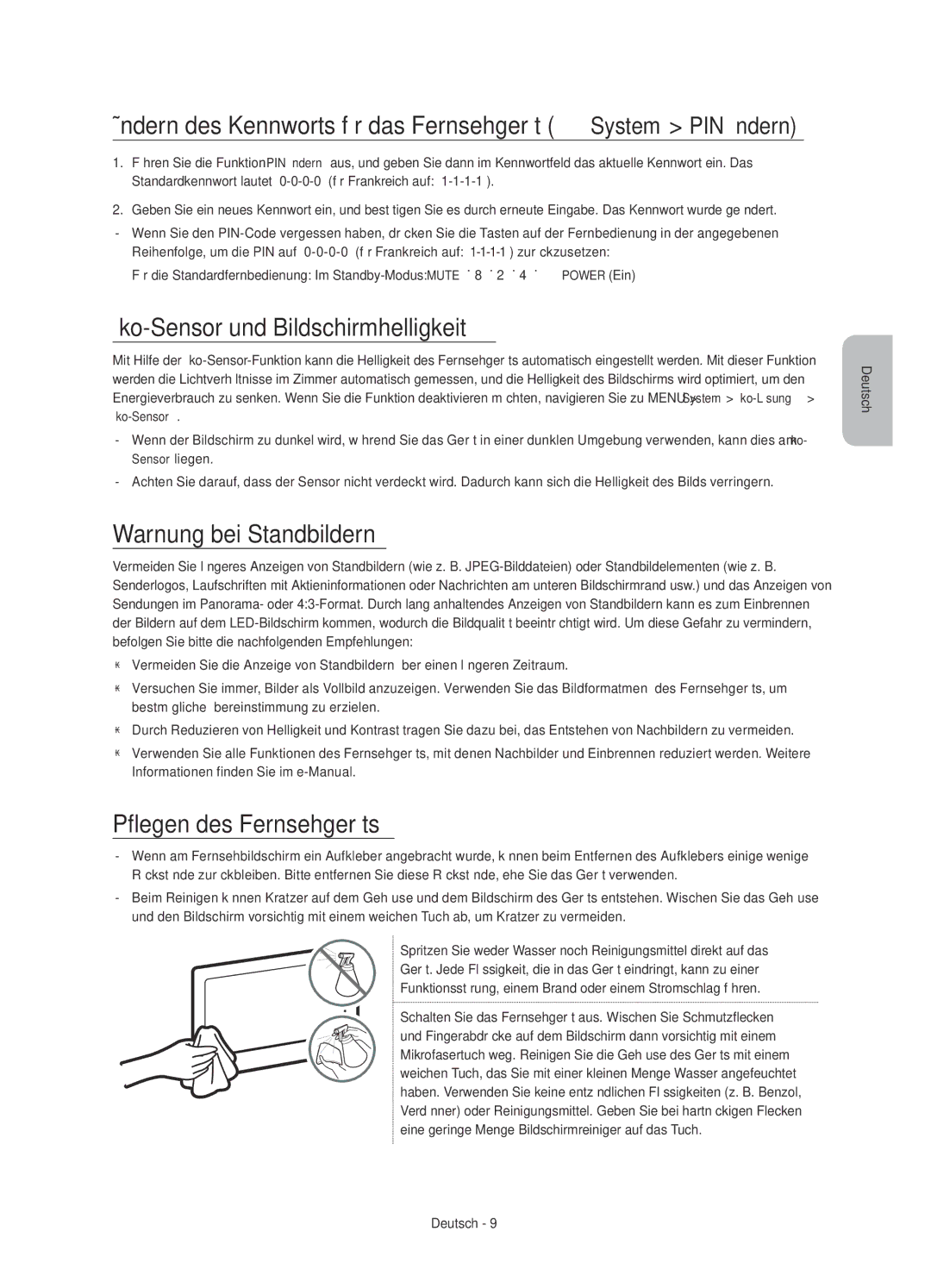 Samsung UE50JU6800KXZF Ändern des Kennworts für das Fernsehgerät System PIN ändern, Öko-Sensor und Bildschirmhelligkeit 