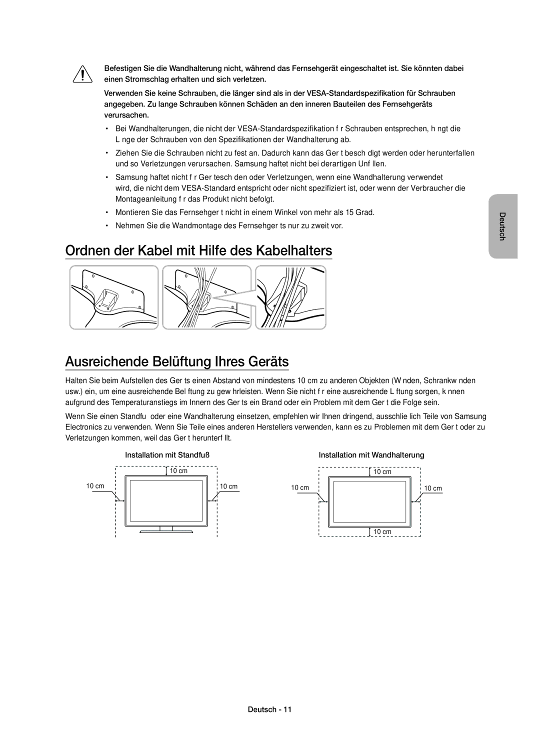 Samsung UE50JU6800KXZF, UE55JU6800KXZF manual Montageanleitung für das Produkt nicht befolgt, Installation mit Standfuß 