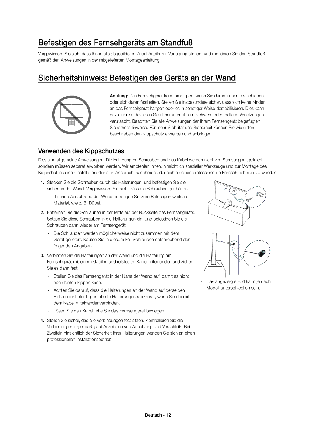 Samsung UE55JU6800KXZF Befestigen des Fernsehgeräts am Standfuß, Sicherheitshinweis Befestigen des Geräts an der Wand 