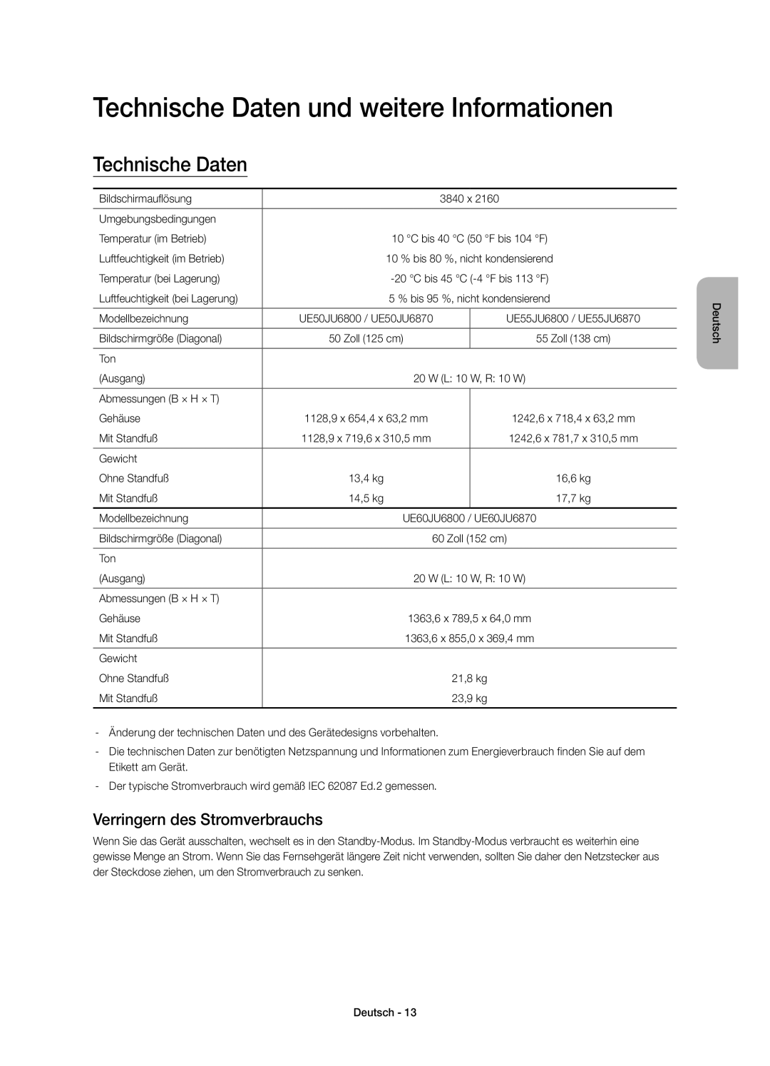 Samsung UE50JU6800KXZF, UE55JU6800KXZF manual Technische Daten und weitere Informationen, Verringern des Stromverbrauchs 