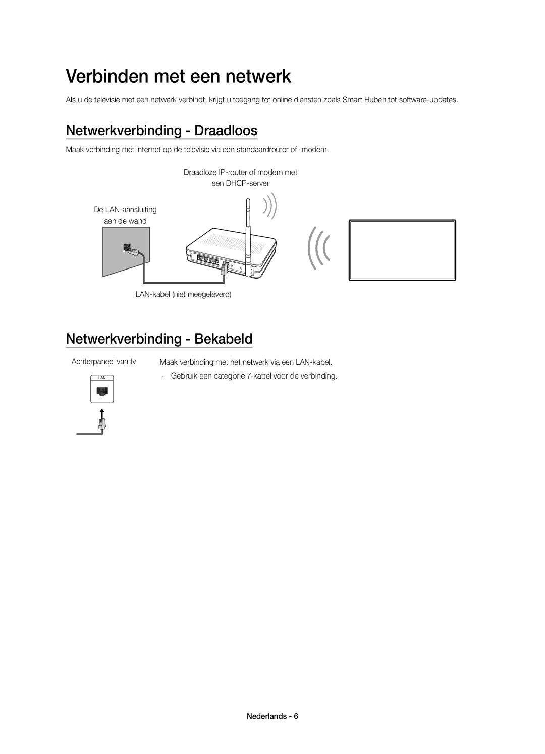 Samsung UE55JU6800KXZF, UE50JU6800KXZF Verbinden met een netwerk, Netwerkverbinding Draadloos, Netwerkverbinding Bekabeld 