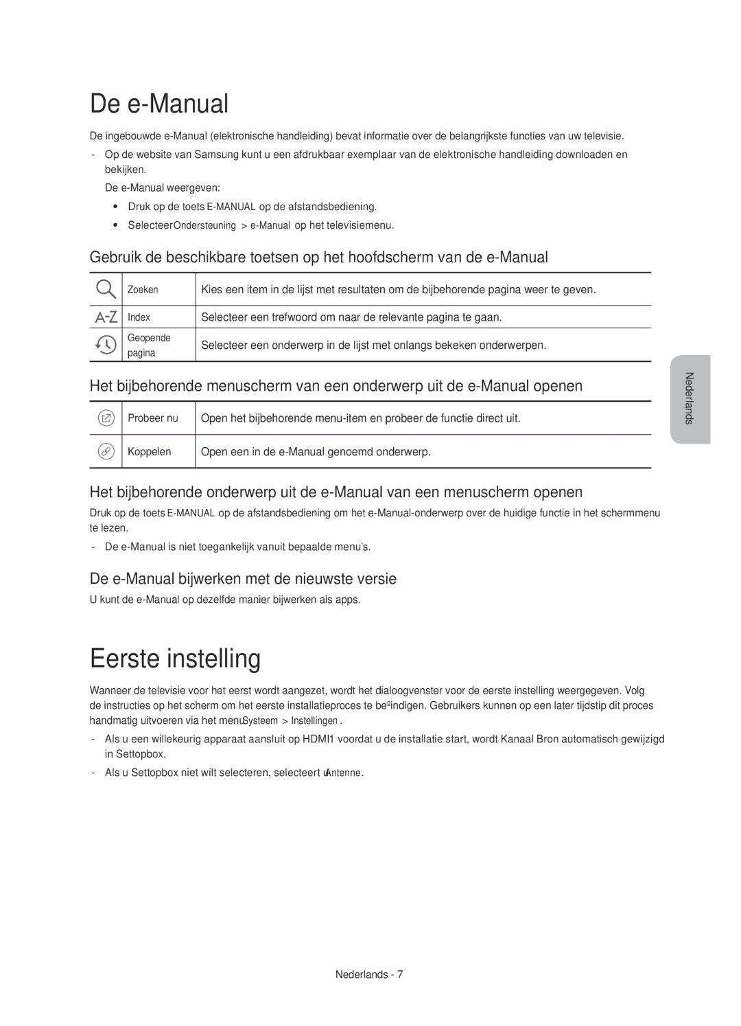 Samsung UE50JU6800KXZF, UE55JU6800KXZF manual Eerste instelling, De e-Manual bijwerken met de nieuwste versie 