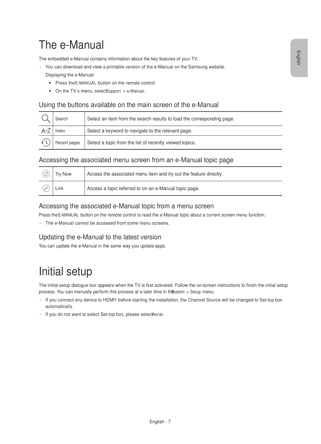 Samsung UE50JU6800KXZF manual E-Manual, Initial setup, Accessing the associated menu screen from an e-Manual topic 