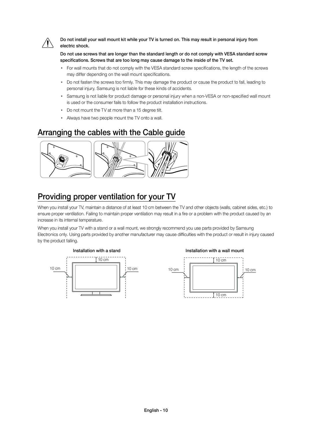 Samsung UE55JU6800KXZT manual Installation with a wall mount 