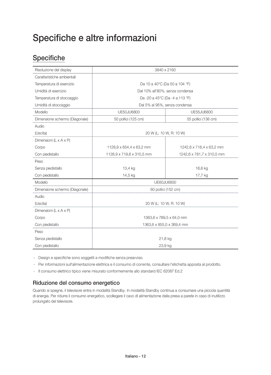 Samsung UE55JU6800KXZT manual Specifiche e altre informazioni, Riduzione del consumo energetico 