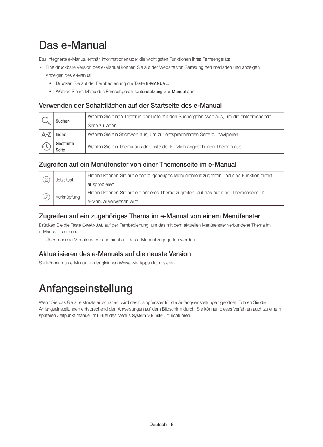 Samsung UE55JU6800KXZT manual Das e-Manual, Anfangseinstellung, Verwenden der Schaltflächen auf der Startseite des e-Manual 