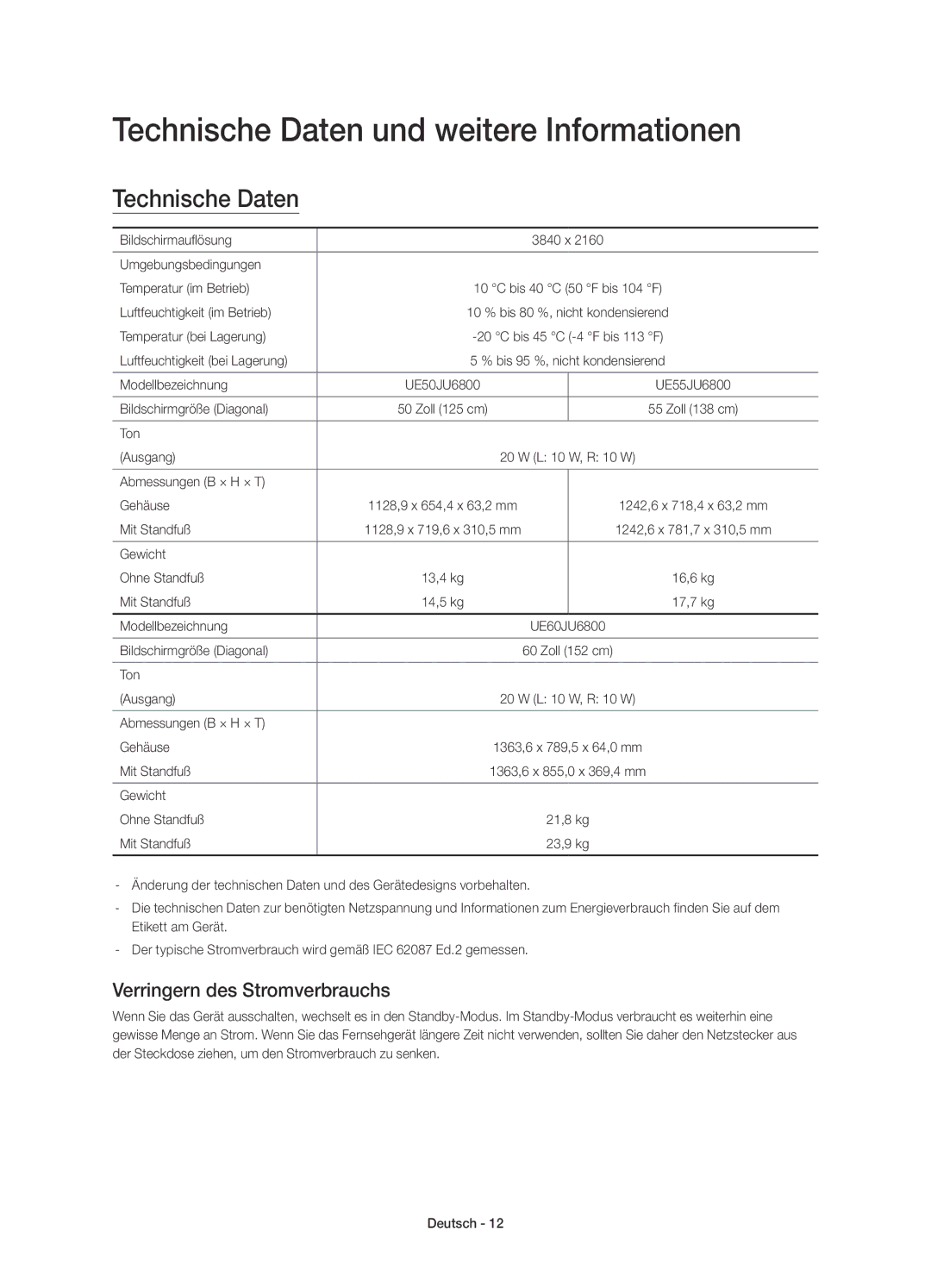 Samsung UE55JU6800KXZT manual Technische Daten und weitere Informationen, Verringern des Stromverbrauchs 