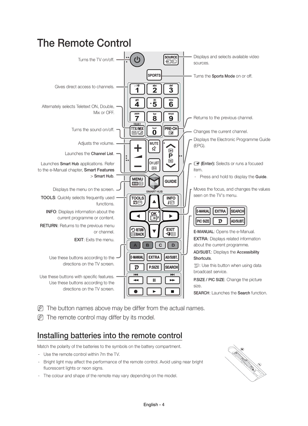 Samsung UE55JU6800KXZT Remote Control, Installing batteries into the remote control, Search Launches the Search function 