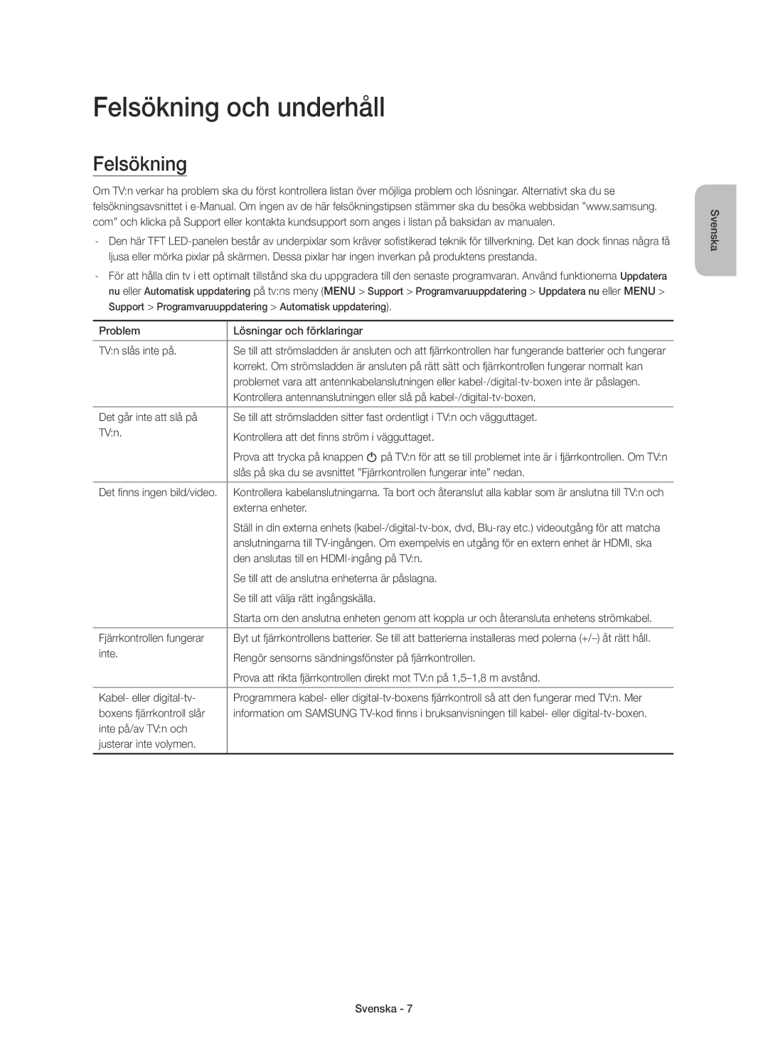 Samsung UE55JU6875UXXE manual Felsökning och underhåll 