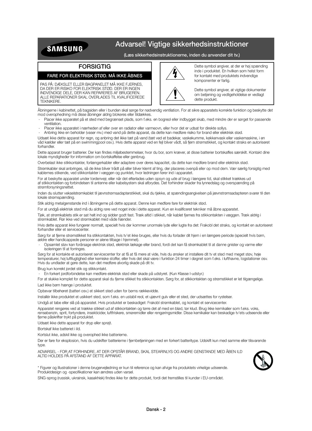 Samsung UE55JU6875UXXE manual Forsigtig, Dansk 