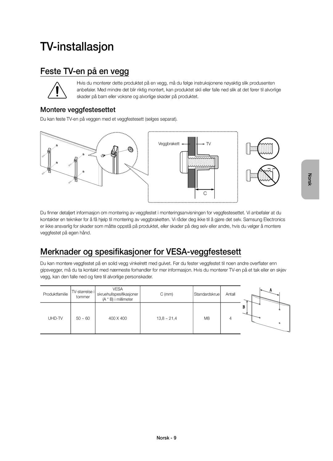 Samsung UE55JU6875UXXE manual TV-installasjon, Feste TV-en på en vegg, Merknader og spesifikasjoner for VESA-veggfestesett 