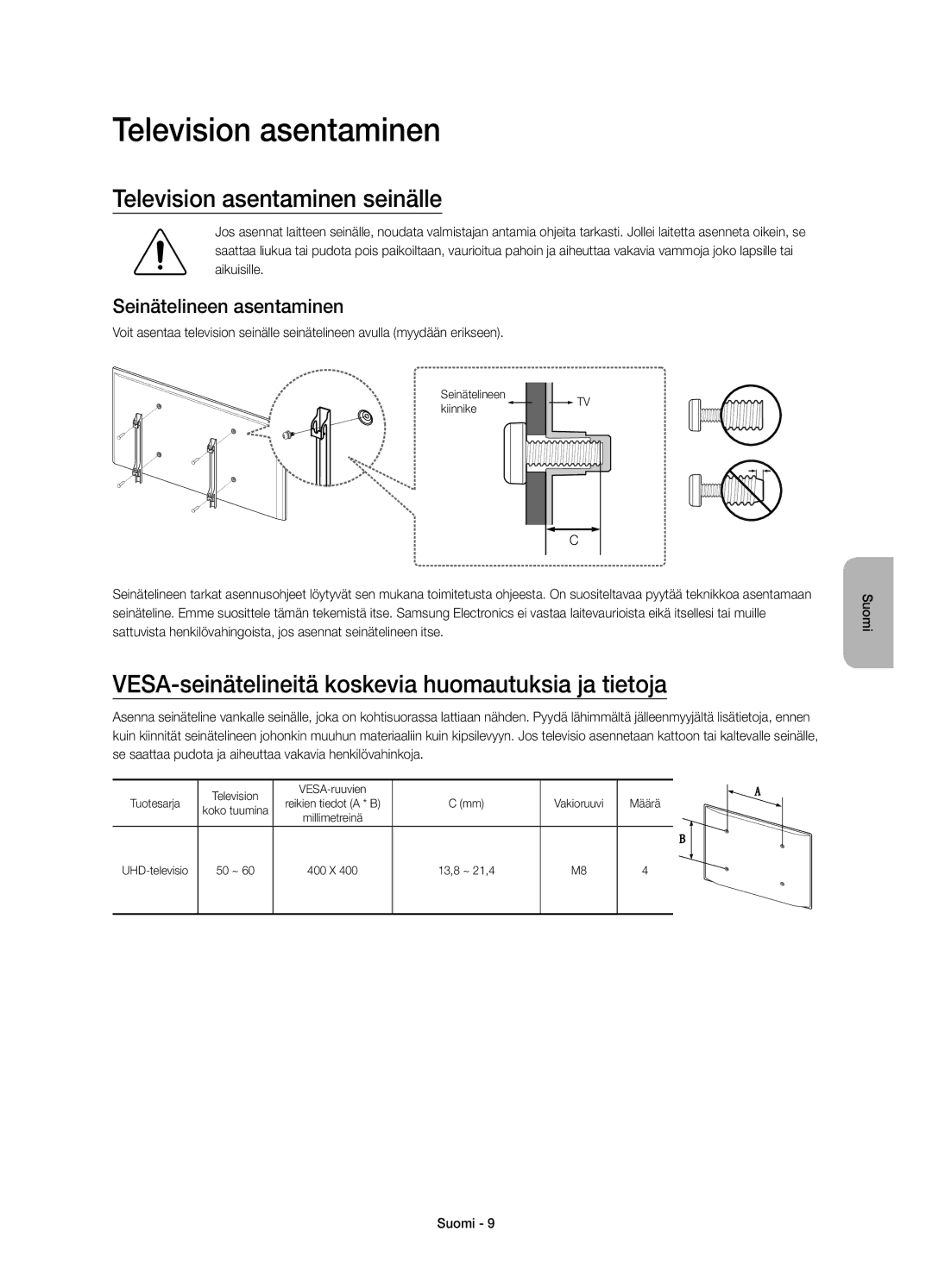 Samsung UE55JU6875UXXE manual Television asentaminen seinälle, VESA-seinätelineitä koskevia huomautuksia ja tietoja 