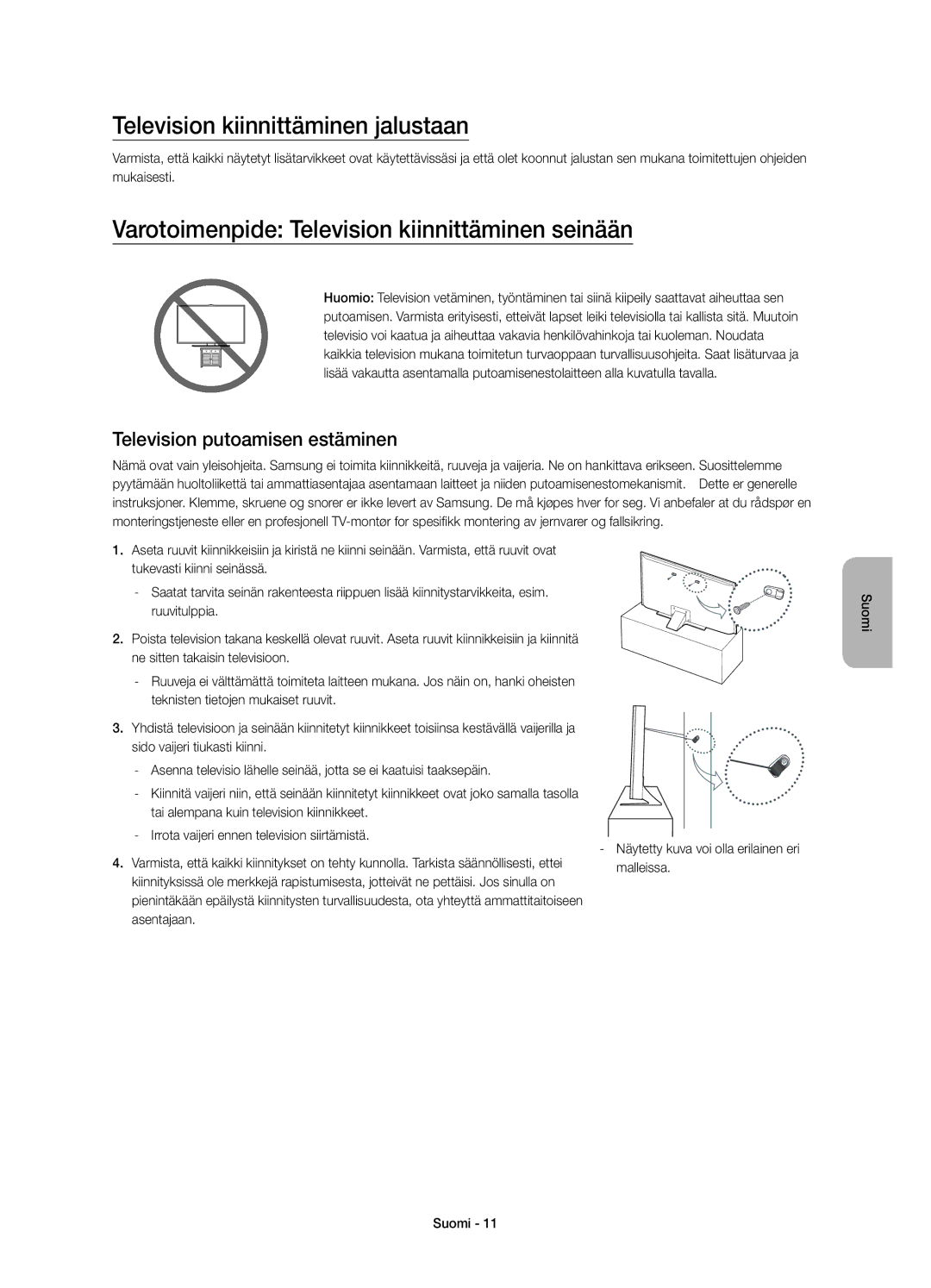 Samsung UE55JU6875UXXE Television kiinnittäminen jalustaan, Varotoimenpide Television kiinnittäminen seinään, Malleissa 