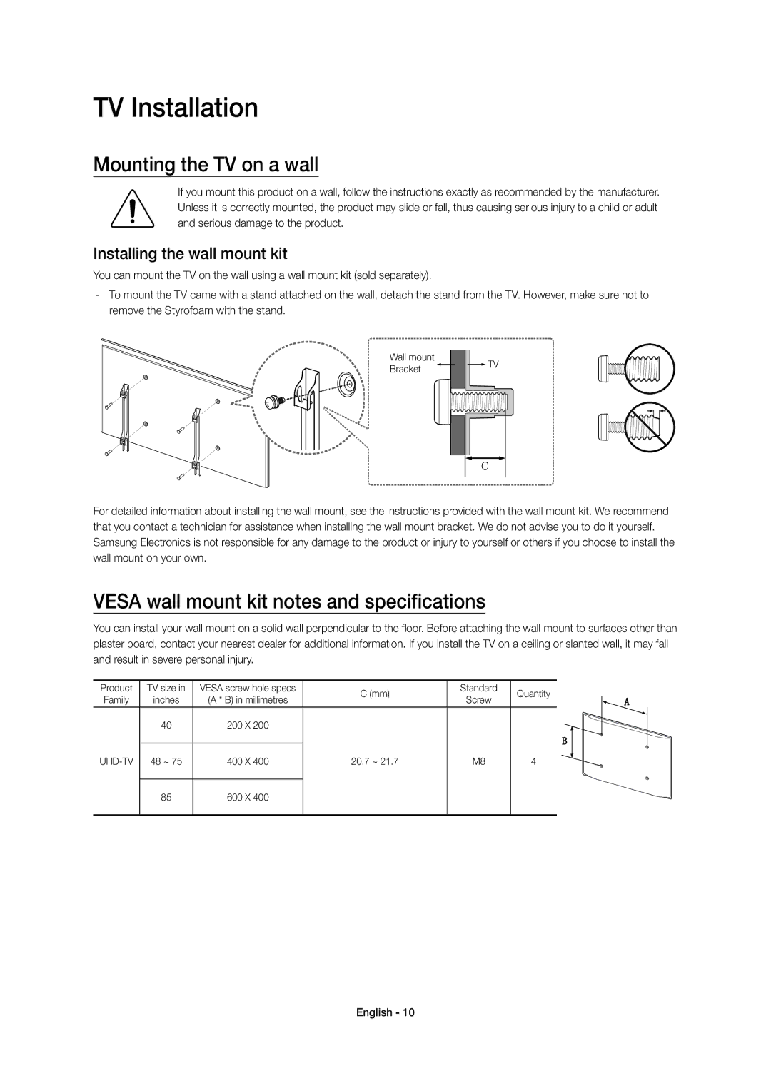 Samsung UE55JU7005TXXE manual TV Installation, Mounting the TV on a wall, Vesa wall mount kit notes and specifications 