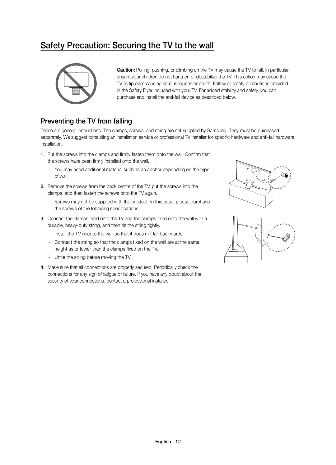 Samsung UE40JU7005TXXE, UE55JU7005TXXE manual Safety Precaution Securing the TV to the wall, Preventing the TV from falling 