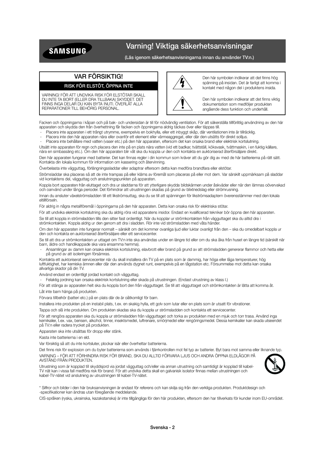 Samsung UE75JU7005TXXE, UE55JU7005TXXE, UE40JU7005TXXE, UE48JU7005TXXE manual Varning! Viktiga säkerhetsanvisningar, Svenska 